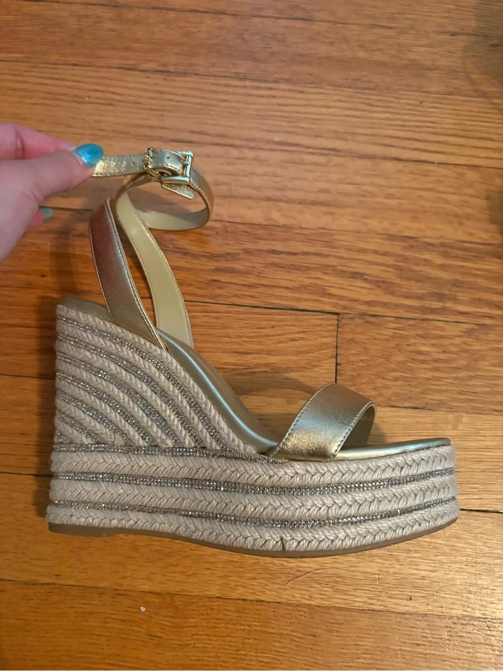 NWT Michael Kors Pale Gold Ankle-Strap Espadrille Wedges sz 6.5
